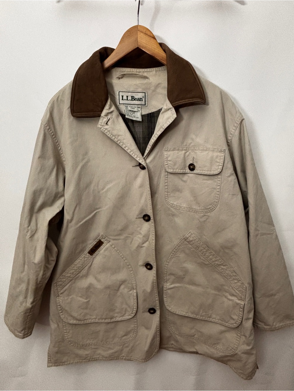 VTG Women’s LL Bean Jacket Leather Collar Plaid Lining Chore Barn Coat Large